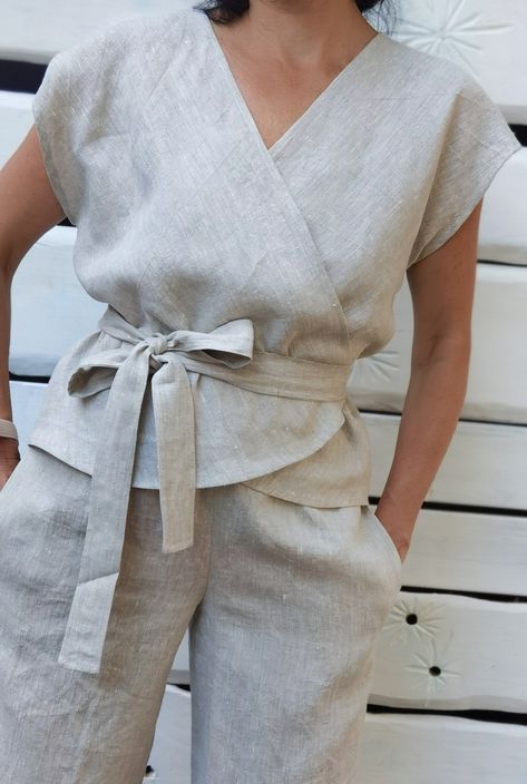 Wrap linen top. Linen blouse made from 100% pure linen. OEKO-TEX® STANDARD certificate. We can make any size on your request, please do not hesitate to contact us. For seeing more tops and shirts photos: https://www.etsy.com/listing/955229392/linen-top-linen-tunic-handmade-linen?ref=shop_home_active_1&frs=1 Linen is one of the strongest and most durable natural fibers - the ancient Egyptians used linen for mummification, and the US uses it blended with cotton for dollar bills! Linen fabric i Wrapped Top Pattern, Linen Blouses, Woman Top, Lino Fabric, Linen Blouses For Women, Elegant Linen Business Top, Elegant Business Linen Top, 100% Linen Clothing, Trendy White Linen Tops