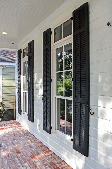 Exterior House Doors, Window Shutters Exterior, Window Restoration, Outdoor Shutters, Cedar Shutters, Cabin Renovation, Home Paint Color, Louvered Shutters, Porch Windows