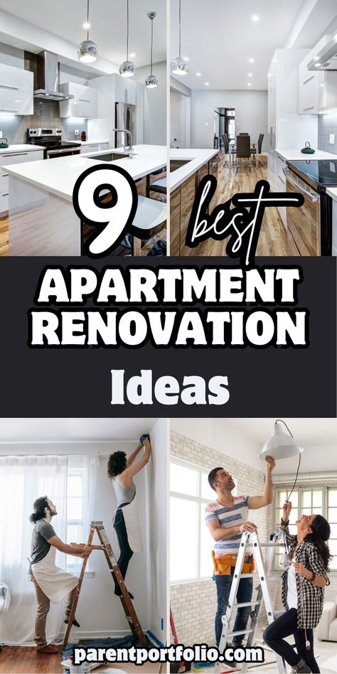 Image features a collage of 9 apartment renovation ideas, showcasing modern kitchens with sleek finishes and DIY home improvement projects. The text '9 Best Apartment Renovation Ideas' is boldly displayed in earthy tones. Photos highlight updated lighting, wall painting, and creative storage solutions. The overall theme emphasizes modern design and practical tips to upgrade apartment spaces effectively. Remodeling Apartment Ideas, Rental Renovations On A Budget, Transform Apartment, Luxury Home Upgrades, Diy Rental Friendly Upgrades, Apartment Renovation Ideas, Kitchen Renovation Hacks, Renovation Hacks, Ikea Apartments