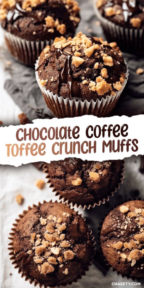 Chocolate Coffee Toffee Crunch Muffins [45 Minutes] - Chasety Toffee Muffins Recipes, Chocolate Coffee Toffee Crunch Muffins, Chocolate Toffee Muffins, Toffee Muffins, Coffee Toffee, Coffee Muffins, Toffee Crunch, Coffee Cupcakes, Coffee Cake Muffins