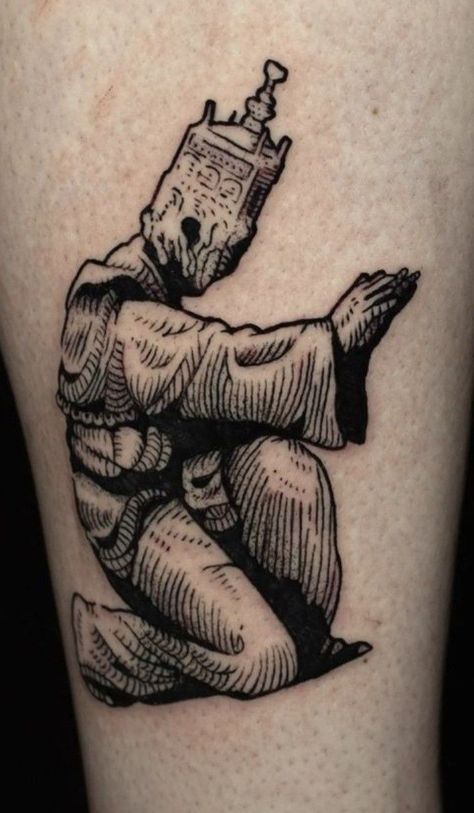 Negative Tattoo Design Men, Woodcut Art Tattoo, The Pale Man Tattoo, Engraving Tattoo Design, Caravaggio Tattoo, Metalcore Tattoo, Midevil Tattoos, Medieval Woodcut Tattoo, Medieval Tattoo Ideas