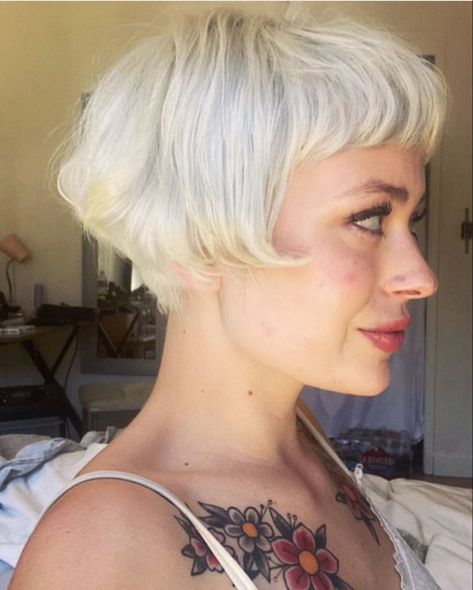 Weird Short Haircut, Shaggy Micro Bob, Bleach Blonde Pixie Haircut, Platinum French Bob, Blonde Micro Bob, Micro Bob With Bangs, Messy Bob Hair, Shaggy French Bob, Thick Hair Bob Hairstyles