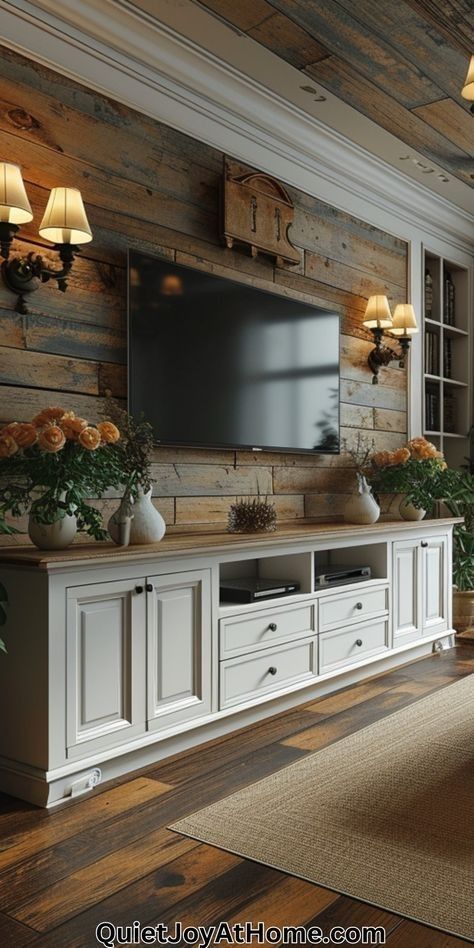 Tv Unit Country Style, Tv Wall Design Rustic Modern, Stylish Tv Unit Living Rooms, Sala Tv Farmhouse, Cottage Style Tv Wall, Tv Areas Living Room, Farmhouse Tv Unit, Living Room Tv Wall Farmhouse, Tv Unit Design With Storage