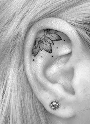 Flower Ear Tattoos For Women, Behind Ear Tattoo Mandala, Ear Tattoo Lotus, Ear Tattoo Inner Flower, Eat Tattoos Women, Lotus Ear Tattoo, Ear Tattoos For Women Inner, Mandala Ear Tattoo, Under Chin Tattoos Women