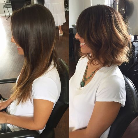 Bob haircut | Before & After Long Hair To Bob, Haircut Long To Short, Haircuts For Long Hair Straight, Ombre Curly Hair, Long Curly Haircuts, Long Hair Highlights, Before And After Haircut, Ideas Haircut, Haircut Long