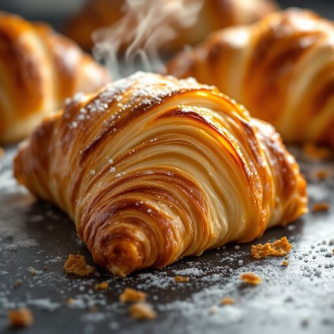 Flaky Golden #Croissant: A perfectly laminated #croissant displays its golden-brown layers while steam rises from its freshly baked surface. #croissant #pastry #breakfast #baking #french #aiart #aiphoto #stockcake ⬇️ #Download and 📝 #Prompt 👉 https://stockcake.com/i/flaky-golden-croissant_1525549_1175107 Croissant Photography, Croissant Aesthetic, Danish Pastry Dough, Croissant Pastry, Flaky Croissants, Pastry Breakfast, Croissant Roll, Breakfast Baking, French Baking