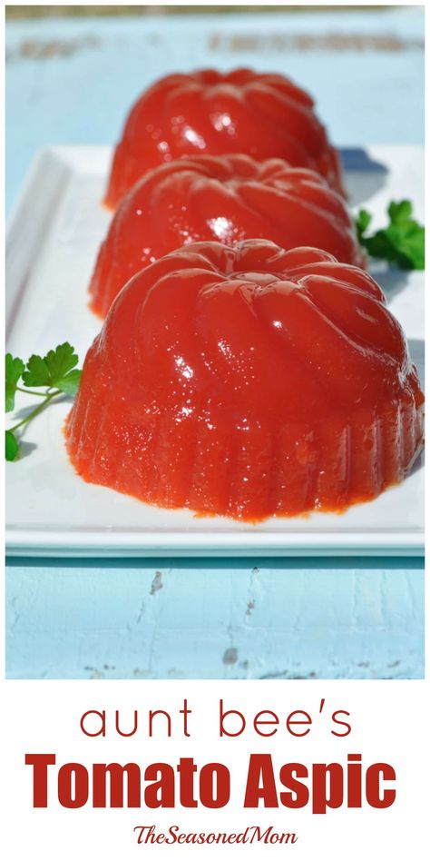 Tomato Aspic With Lemon Jello, Tomato Aspic Recipe, Tomato Aspic, Aspic Recipe, Jello Salad Recipes, Pickle Drinks, Congealed Salads, Retro Dinner Party, Jelly Salad