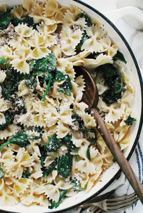 Recipes With Italian Sausage, Bow Tie Pasta Recipes, Pasta With Italian Sausage, Bow Tie Pasta Recipe, Sausage Spinach Pasta, Bev Cooks, Bowtie Pasta Salad, Sausage And Spinach, Sausage Spinach