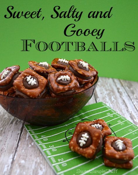 Sweet, Salty and Gooey Footballs - SweetSimpleStuff Football Themed Food, Bowl Desserts, Football Desserts, Super Bowl Essen, Football Treats, Superbowl Desserts, Football Party Foods, Bowl Party Food, Football Snacks