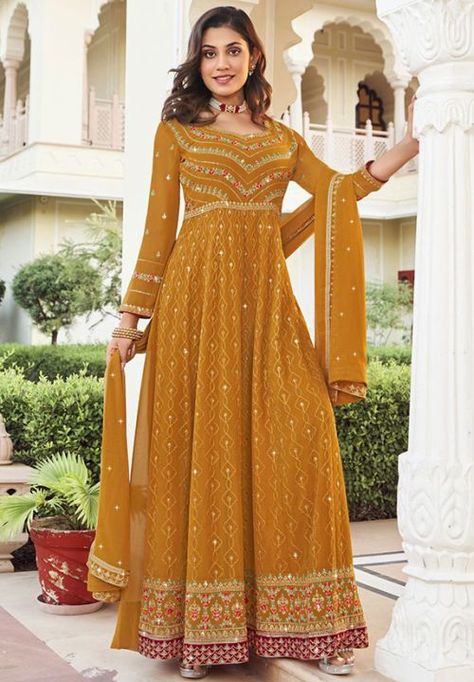 Mustard Embroidered Georgette Anarkali Suit - SMT18503 Yellow Colour Dress, Mustard Yellow Outfit, Georgette Anarkali Suits, Readymade Salwar Kameez, Georgette Anarkali, Anarkali Lehenga, Long Anarkali, Kameez Designs, Lehenga Gown