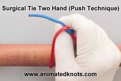 Surgical Tie, Two Handed  The Surgical Tie is a Square (Reef) Knot (ABOK # 460, p 75.) It is widely used in surgery although less secure than the Ligature Knot, which starts with an initial Double Throw Knot. #nursingstudent #medicalstudent #medschool #medstudent Surgical Suture, Reef Knot, Med Student, Square Knot, Skill Set, Med School, Medical Students, Tie Knots, Nursing Students