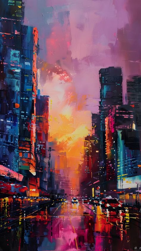 Cyberpunk Painting Acrylic, Arcade Painting, Unique Art Ideas Creativity, City Sunset Painting, New York City Painting, Abstract Cityscape Painting, Severed Hand, Swift Friendship Bracelets, Taylor Swift Friendship Bracelets