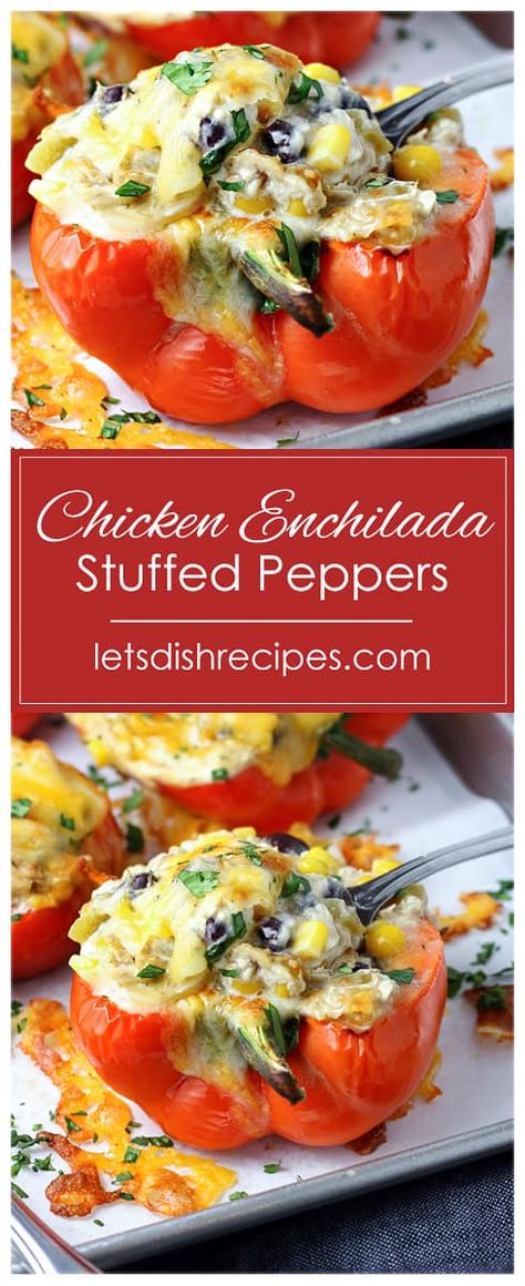 Chicken Enchilada Stuffed Peppers Recipe -- Sweet bell peppers are stuffed with a cheesy chicken filling in this hearty, satisfying Tex-Mex dinner, that’s a delicious twist on traditional enchiladas. Philly Chicken Stuffed Peppers, Chicken Stuffed Anaheim Peppers, Chicken Stuffed Bell Pepper Recipes, Stuffed Pepper With Chicken, Chicken Stuffed Avocado Recipes, Chicken Sweet Peppers Recipes, Chicken Enchilada Stuffed Peppers, Stuffed Bell Peppers Buffalo Chicken, Chicken Parmesan Stuffed Peppers