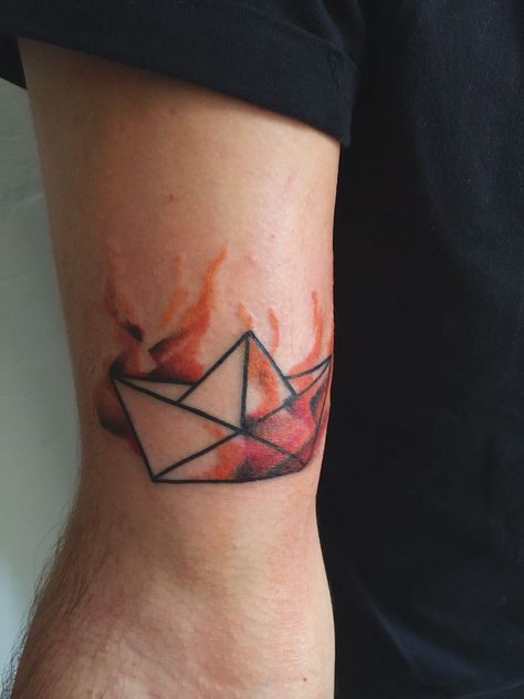 #paperboat in #flames #tattoo #ink #arm Boat On Fire Tattoo, Llama Tattoo, Flames Tattoo, Boat Tattoo, Fire Tattoo, In Flames, Paper Boat, Tattoo Ink, Small Tattoos