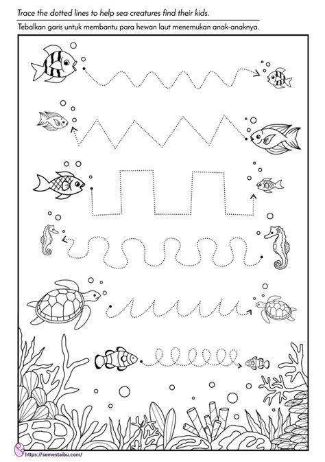 Lembar Kerja Anak - TK - Menebalkan Garis (Line Tracing) - Free Download Worksheet Anak Tk, Sea Animals Preschool, Soal Anak Tk, Diy Busy Books, Line Tracing, Preschool Activities Printable, Preschool Tracing, Animal Worksheets, Kids Worksheets Preschool