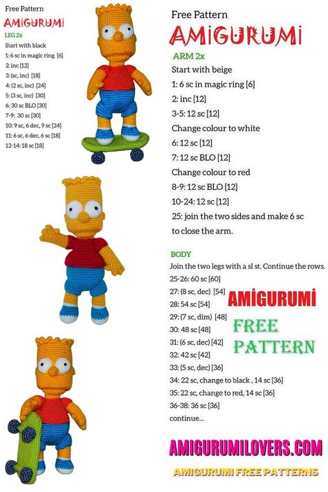 Bart Simpson Amigurumi Free Pattern - Amigurumilovers.com Simpson Cartoon, Doll Free Crochet Pattern, Crochet Pattern Instructions, Crochet Animal Amigurumi, Crochet Xmas, Crochet Pattern Amigurumi, The Simpson, Your Crochet, Homer Simpson