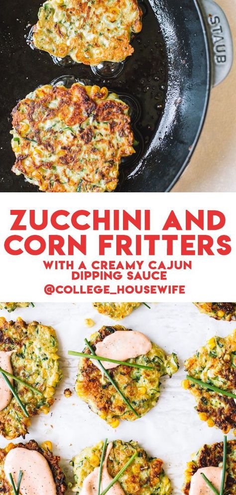 These Zucchini and Corn Fritters are colorful, crispy, crunchy and ultra-fresh thanks to summer zucchini squash and fresh sweet corn that get topped with a seriously addicting dipping sauce. It's an easy and healthy fritter recipe that celebrates the gorgeous produce of the warm weather season to serve as an appetizer, side or snack with friends. #zucchinicornfritters #summerecipes #appetizer Zucchini And Corn Fritters, Zucchini Corn Fritters, Corn Fritter, Chicken Squash, Summer Zucchini, Healthy Vegetarian Dinner, Hot Appetizers, Zucchini Squash, Corn Fritters