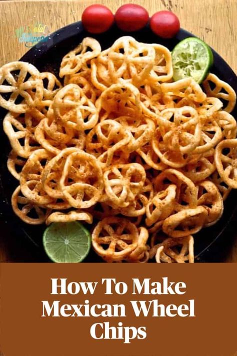 These Churritos or Mexican Wheel Chips are a crispy, vegan snack. These addictive wheat chips are easy to make at home. Just quickly fry in oil and then douse in lime juice and Tajín or chili powder and salt. #chicharrones #easy #mexicanfood #mexicanwheelchips How To Make Chicharrones, Mexican Chicharrones, Dairy Free Mexican Recipes, Healthy Latin Recipes, Mexican Chips, Gluten Free Mexican Recipes, Pork Skin, Healthy Mexican Recipes, Homemade Mexican