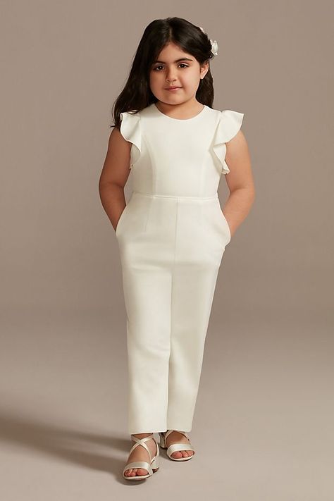 Flutter Sleeve Stretch Crepe Flower Girl Jumpsuit | David's Bridal Flower Girl Outfits, Jumpsuit Style, Wedding Jumpsuit, Wedding With Kids, Stretch Crepe, Jumpsuit Fashion, Davids Bridal, Wedding Attire, Girl Dresses