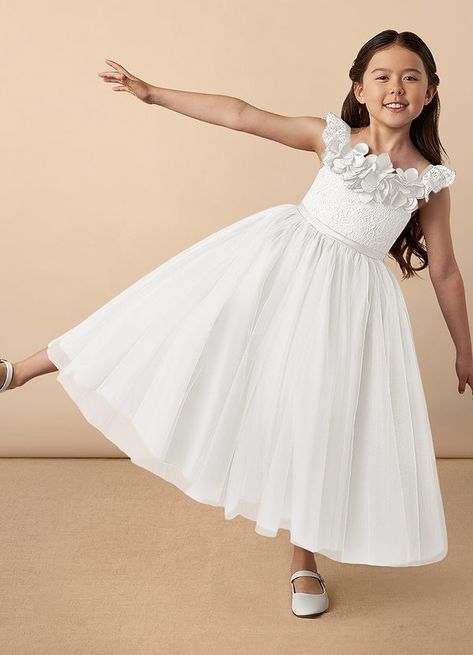 Demetra is our adorable flower girl dress cut from tulle, lace, and matte satin. She features a tulle A-line skirt, a matte satin belt, and a bow. Flower Girl Dress Ankle Length, Casual Flower Girl Dresses, Junior Flower Girl Dresses, Flower Girl Dresses Ivory, Fall Wedding Flower Girl, Flower Girl Dresses White, Flower Girl Dress White, White Flower Girl Dress, Dress For