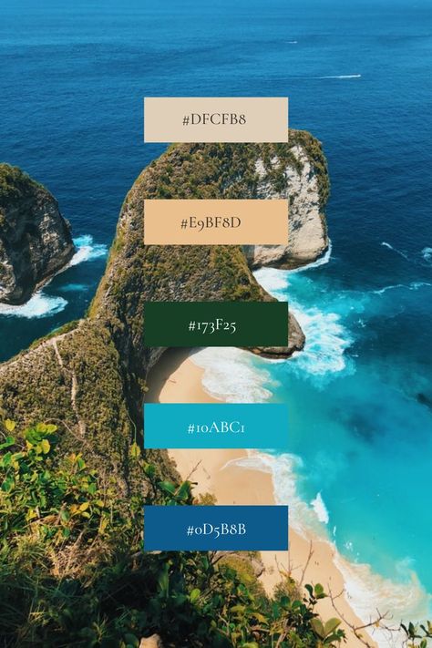 Bali Color Palette, Masterbath Inspirations, Indonesian Map, Bali Interior Design, Beach Color Palette, Branding Palette, Beach Color Schemes, Bedroom Theme Ideas, Tropical Beach Painting