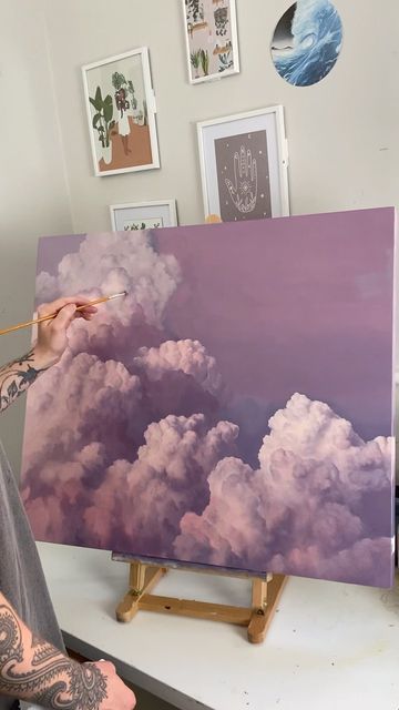 Purple Cloud Painting, Cloud Paintings Acrylic, Oil Paint Clouds, Purple Clouds Painting, Pastel Cloud Painting, Colorful Clouds Painting, Painting Clouds Acrylic, Pink Clouds Painting, Sky Painting Acrylic