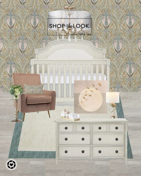 Transform your nursery into a serene haven with a subtle crane theme, featuring a delicate color palette of mauve and teal anchored in ivory. Adorned with an art nouveau crane wallpaper, a bird lamp, and elegant acrylic and metal nursery trays, the space is completed with a faux velvet mauve chair and a bronze pedestal side table for a touch of sophistication. Follow my shop @OliveHillandVine on the @shop.LTK app to shop this post! Peacock Nursery, Nursery Decor Inspiration, Pedestal Side Table, Nursery Themes, Nursery Decor, Decor Inspiration, Art Nouveau, Color Palette, Side Table