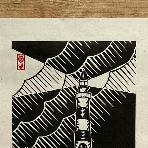 Christophski 🎸🎨🏃🏼👨‍👩‍👧‍👦 on Instagram: "One of my pals shared an awesome lighthouse linocut the other day and it reminded me that I’d made this lighthouse print, way back in November ‘21 so I decided to make some fresh prints.  I don’t often make prints quite so stylised as this these days as there’s little room for error and as I was inking it up I remembered how nerve racking getting the transition right between light and dark was, but I still really love the effect and I think it was worth the effort.   The first print is on Lokta paper, followed by cartridge paper.  Swipe to the end for a lino shot.   #lighthouse #lighthouses #lighthousesofinstagram #lighthouseart #homedecor #kraken #tentacle #seasideart #seamonster #seaside #octopusart #roughsea #seaart #linograbado #linogravu Nautical Linocut, Lighthouse Linocut, Lighthouse Drawing, Lighthouse Print, Seaside Art, Lighthouse Art, Lokta Paper, Octopus Art, Sea Art