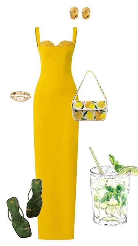 Yellow dress, green shoes, lemon bag, good watch Wedding Guest Summer Outfit, Lemon Green Dress, Lemon Yellow Dress, Lemon Bag, Boss Lady Outfit, Green Dress Outfit, Wedding Guest Summer, Classic Style Outfits, Red Carpet Outfits