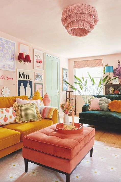 Boho Funky Living Room, Neutral With Pop Of Color Aesthetic, Salmon Couch Living Rooms, Living Room Designs Colorful Schemes, Pink And Green Home Decor, No Tv Living Room, Living Room No Tv, Colorful Family Room, Eclectic Modern Home