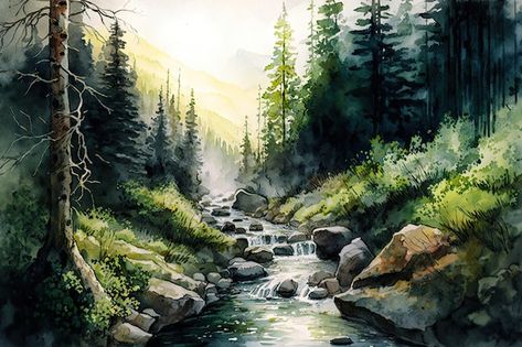 Watercolor Painting Mountains, Mushroom Mural, Stream Drawing, Wild Background, Stream Painting, River Drawing, River Watercolor, Wild Tree, Forest Stream