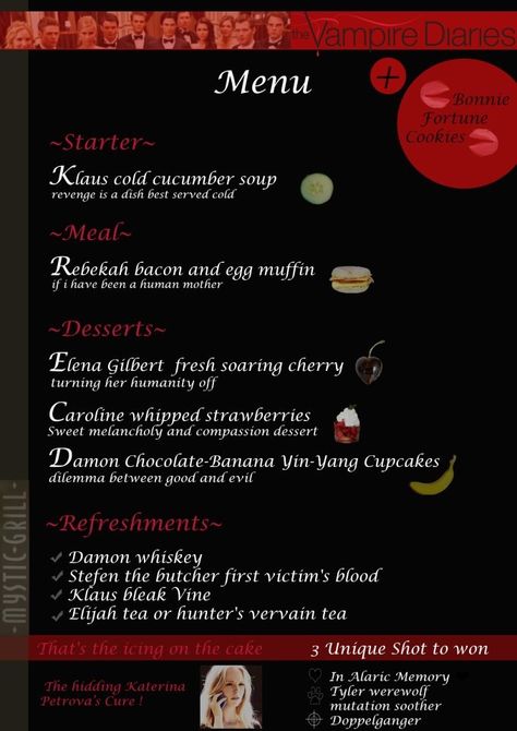 My vampire diaries menu. Vampire Diaries Food Ideas, Vampire Diaries Party Theme, Vampire Diaries Party Ideas, Vampire Diaries Birthday Party Ideas, Vampire Diaries Party, Tvd Party, Vampire Theme Party, 12th Birthday Party Ideas, Vampire Party