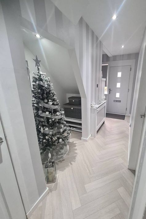 https://floormonster.co.uk/balento-island-mariners-cove-herringbone Light Grey Herringbone Floor, Herringbone Floor Living Room, Grey Herringbone Floor, White Herringbone Floor, Grey And White Hallway, Grey Floorboards, Small Hallway Decorating, Herringbone Vinyl Floor, Modern Kitchen Tile Floor