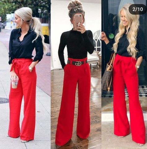 Black Top Red Pants Outfit, Red Pants Wide Leg Outfit, Red Pants Business Outfit, Red Wide Trousers Outfit, Red Trousers Work Outfit, Red Office Pants Outfit, Work Outfits With Red Pants, Red Bootcut Pants Outfit, Red Wide Leg Pants Outfit High Waist