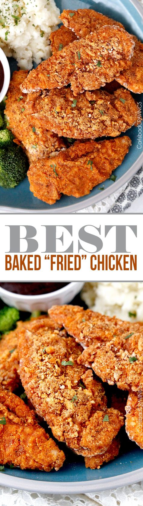 seriously the BEST Baked "fried" chicken! Crispy chicken marinated in spiced… Fried Chicken Crispy, Baked Fried Chicken, Chicken Crispy, The Grease, Oven Fried Chicken, Baked Fries, Chicken Main Dishes, Fries In The Oven, Crispy Chicken