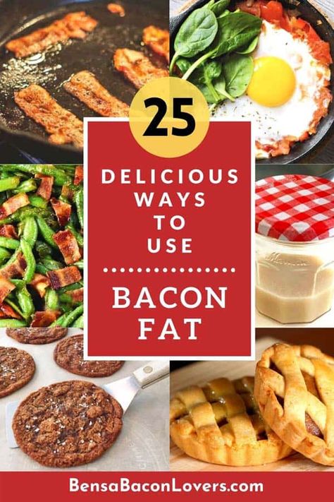 25 Ways to Use Bacon Fat - BENSA Bacon Lovers Society Uses For Bacon Grease, Unique Bacon Recipes, Bacon Grease Uses, Recipes Using Bacon, Leftover Bacon, Maple Bacon Donut, Bacon Recipes For Dinner, Bacon Soup Recipes, Make Refried Beans