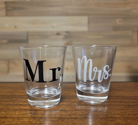 MR. AND MRS. SHOT GLASS Perfect wedding or engagement gift CARE INSTRUCTIONS: -Hand wash only. Not dishwasher safe. Not microwave safe. Mister And Misses, Shot Cups, Mr Und Mrs, Mr And Mrs, Shot Glasses, Wedding Groom, Wedding Thank You, Liqueur, Engagement Gifts