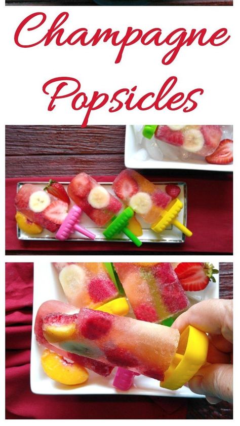 Thee champagne popsicles are a great tasting adult frozen treat. They are loaded with fresh fruit. Popsicles In Champagne, Adult Freeze Pops, Prosecco Popsicle Cocktails, Boozy Freeze Pops, Frozen Alcohol Popsicles, Champagne Popsicles, Popsicle Molds, Frozen Treat, Something Sweet