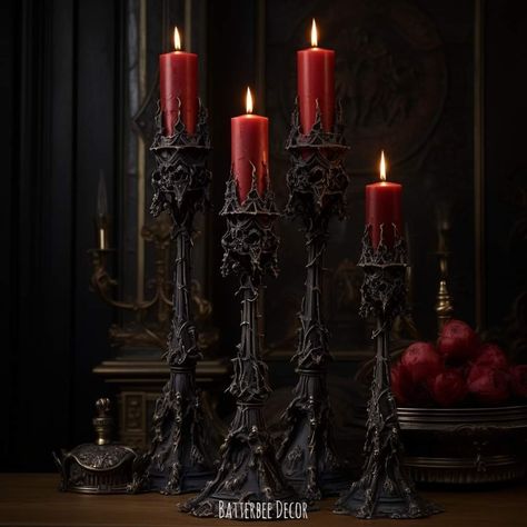 Victorian Goth Party Decor, Victorian Goth Wedding Decoration, Vampire Goth Wedding, Dark Fairytale Wedding Decor, Victorian Gothic Wedding Decorations, Goth Party Decorations, Vampire Wedding Theme, Whimsical Goth Bedroom, Gothic Candlestick