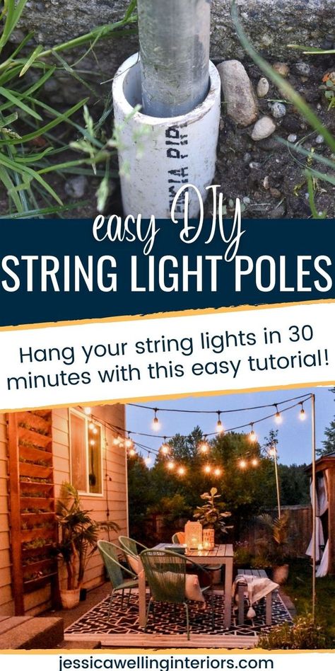 Easy DIY String Light Poles: hang your string lights in 30 minutes with this easy tutorial! PVC string light poles Planters Backyard, Diy String Light Poles, Outdoor String Light Poles, String Light Poles, Taman Diy, Diy String Lights, Jardim Diy, Diy Outdoor Decor, Light Pole