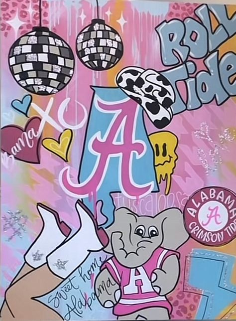 Bama Painting Canvases, Alabama Preppy Painting, Highschool Art Project Ideas Painting, College Painting Canvases, Alabama Painting, Paint Canvas Ideas, Bama Dorm, Uk Apartment, Alabama Tuscaloosa