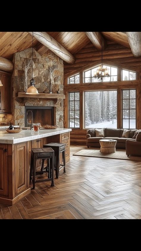 Western Log Cabin Interior Design, Updated Log Cabin Interior, Updated Log Cabin, Western Log Cabin, Cabin House Interior, Modern Log Cabin Interior, Log Cabin Homes Interior, Modern Log House, Log Cabin Interior Design