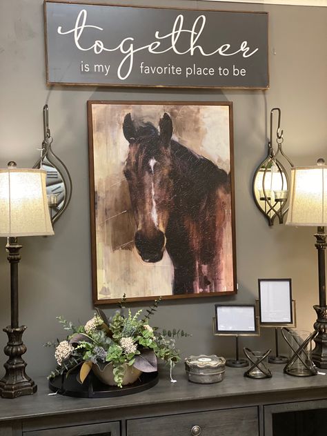 Living Room With Horse Picture, Farmhouse Wall Decor Living Room Artwork, Horse Wall Decor Living Room, Decorating With Horse Pictures, Horse Theme Living Room Ideas, Horse Themed Living Room, Horse Wall Art Living Rooms, Western Rustic Home Decor Living Room, Western Wall Decor Living Room