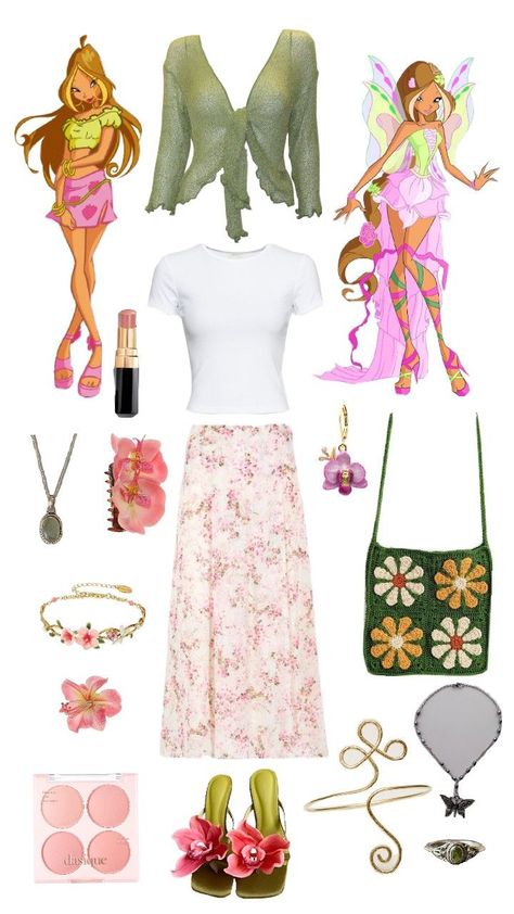 flora from winx club Flora Winx Club Outfit Inspired, Winx Flora Outfits, Flora Winx Club Costume, Flora Winx Club Outfit, Winx Club Costumes, Flora Outfits, Flora From Winx Club, Outfit Winx, Winx Club Outfits