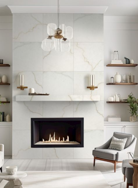 Contemporary Marble Fireplace, Marble Fireplace Makeover, Fireplace Upgrade, White Marble Fireplace, Faux Wall, Floor Office, Faux Walls, Marble Fireplace Surround, Fireplace Designs