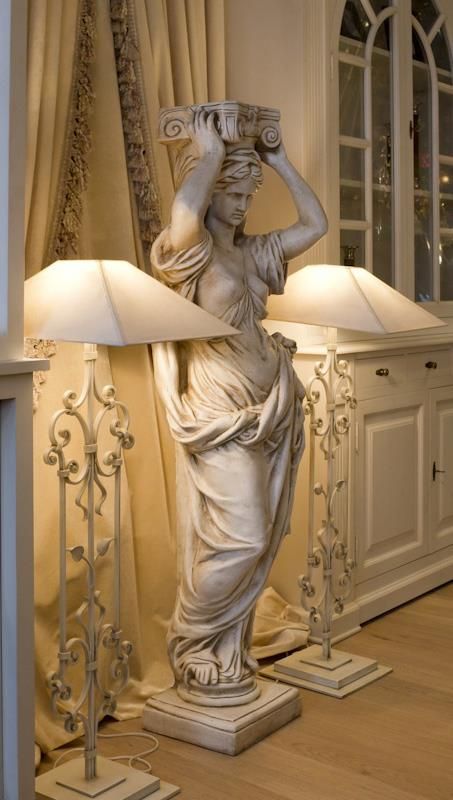 Living Room Statue, Greek Bedroom, Ornamental Molding, Classic Interior Design Luxury, Castle House Design, Statue Decor, New Victorian, Classic Sculpture, Funky Painted Furniture Diy