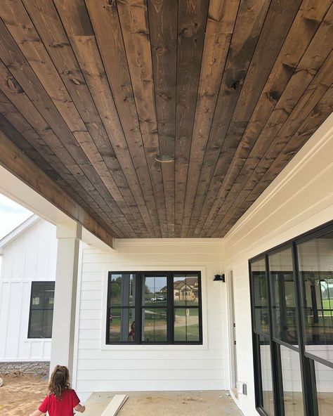 Soffit Ideas, Patio Ceiling Ideas, Stained Shiplap, Ceiling Remodel, Barn House Interior, Porch Light Fixtures, Porch Wood, Shiplap Ceiling, Pool Stuff