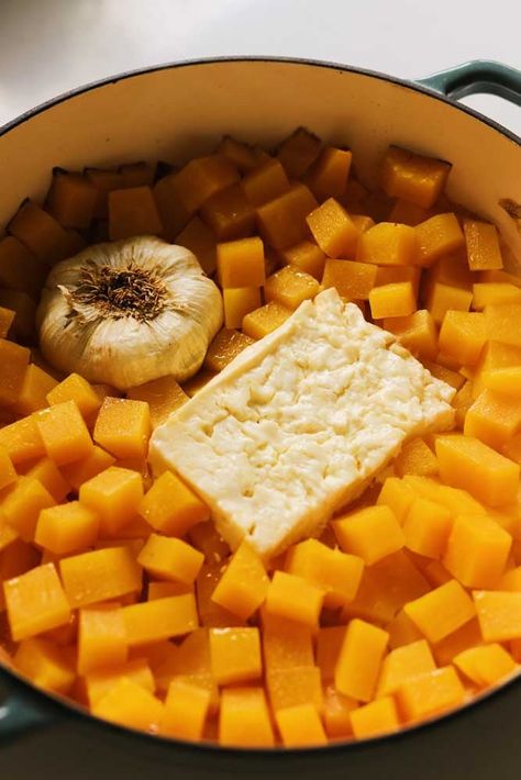 Roasted Feta Soup with Butternut Squash & Honey - Grilled Cheese Social Squash Feta Soup, Roasted Feta Soup With Butternut Squash, Roast Squash Recipes, Butternut Feta Soup, Roasted Butternut Squash Feta Soup, Roasted Feta Soup, Vegetarian Butternut Squash Recipes, Savory Squash Recipes, Butternut Squash Recipes Sweet