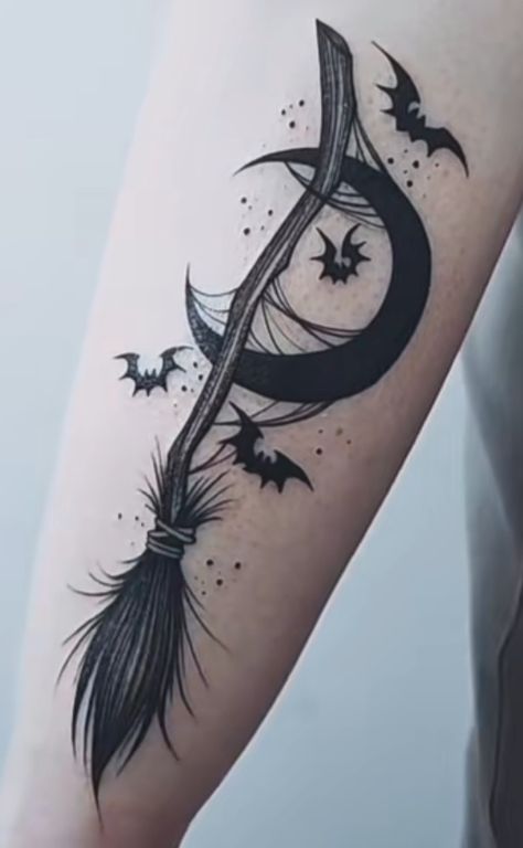 Witch And Moon Tattoo, Witch’s Broom Tattoo, Witchy Broom Tattoo, Salem Witch Tattoo, Witch Tattoos For Women, Salem Tattoo, Witch Tattoos, Wicca Tattoo, Witchy Tattoos