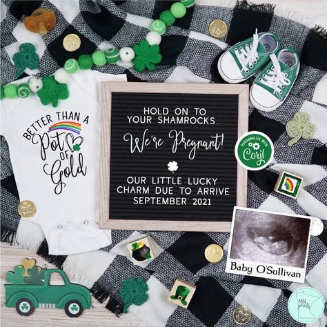 17 St Patricks Day Pregnancy Announcement Ideas You'll Want to Steal - Messy Bun Motherhood Letter Board Baby Announcement, Letter Board Baby, Second Baby Announcements, Buffalo Plaid Blanket, Sonogram Pictures, Pregnancy Announcement Template, St. Patrick’s Day, Ultrasound Pictures, Saint Patties